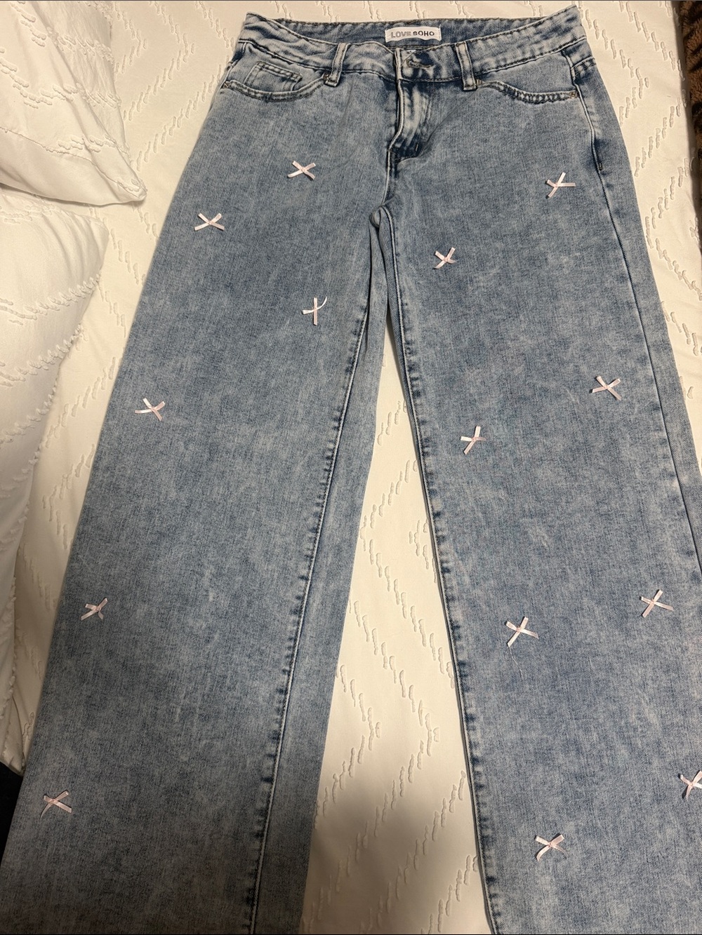 Light Blue Wide-Leg Jeans with Pink Embroidered Accents